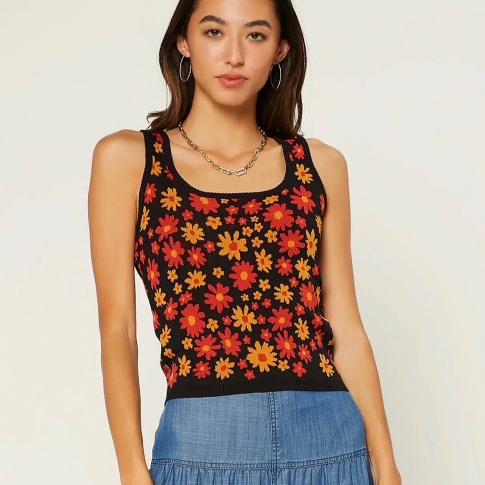 Current Air LA Knit Floral Tank Top Black Orange Small